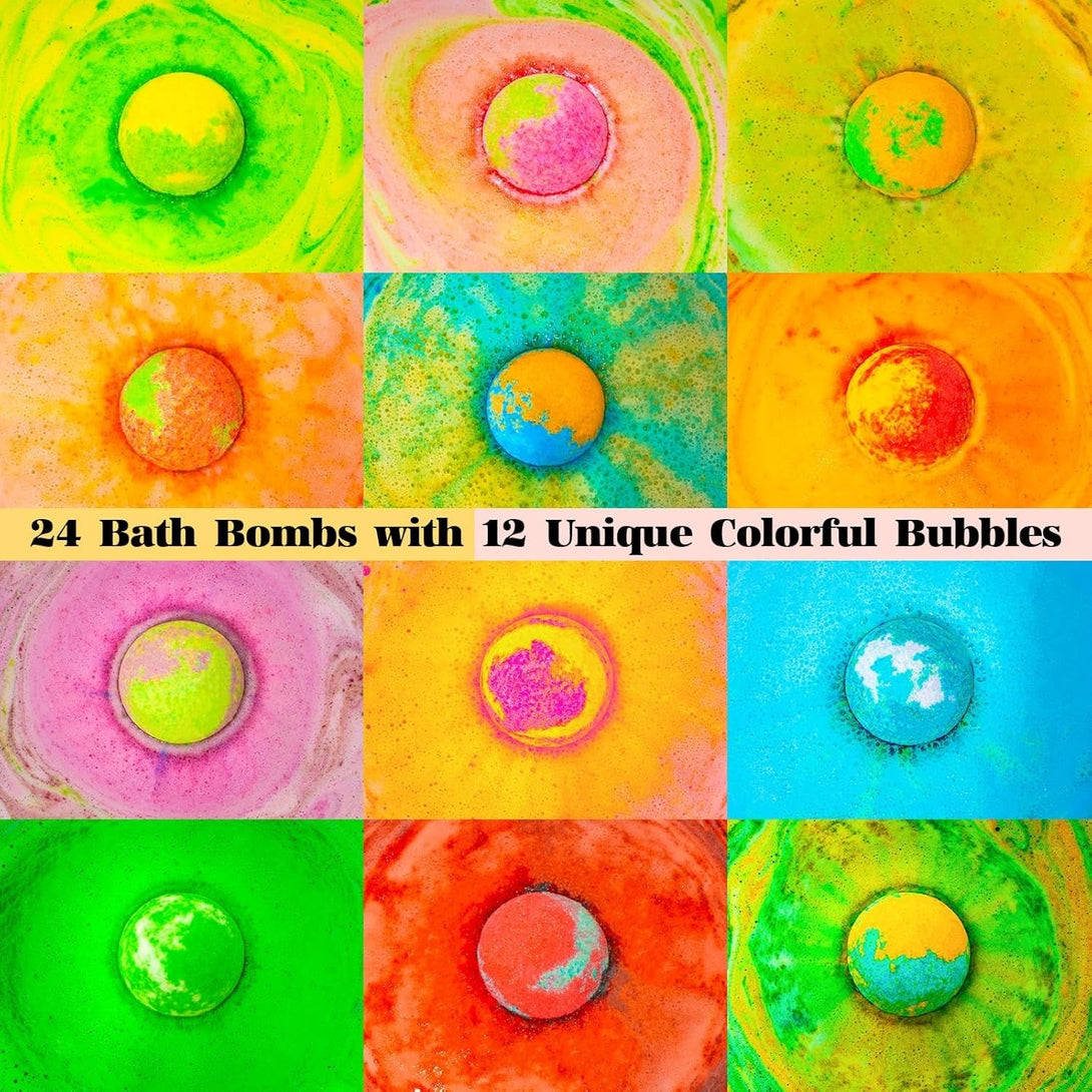 Bath Bombs Gift Set – 24 Pack Bubble Bombs with 12 Unique Scents, Floral Euphoria & Fruitful Bliss Collections, Skin-Soothing & Mood-Enhancing, Birthday Gift for Mom, Wife, Women, Summer Relaxation