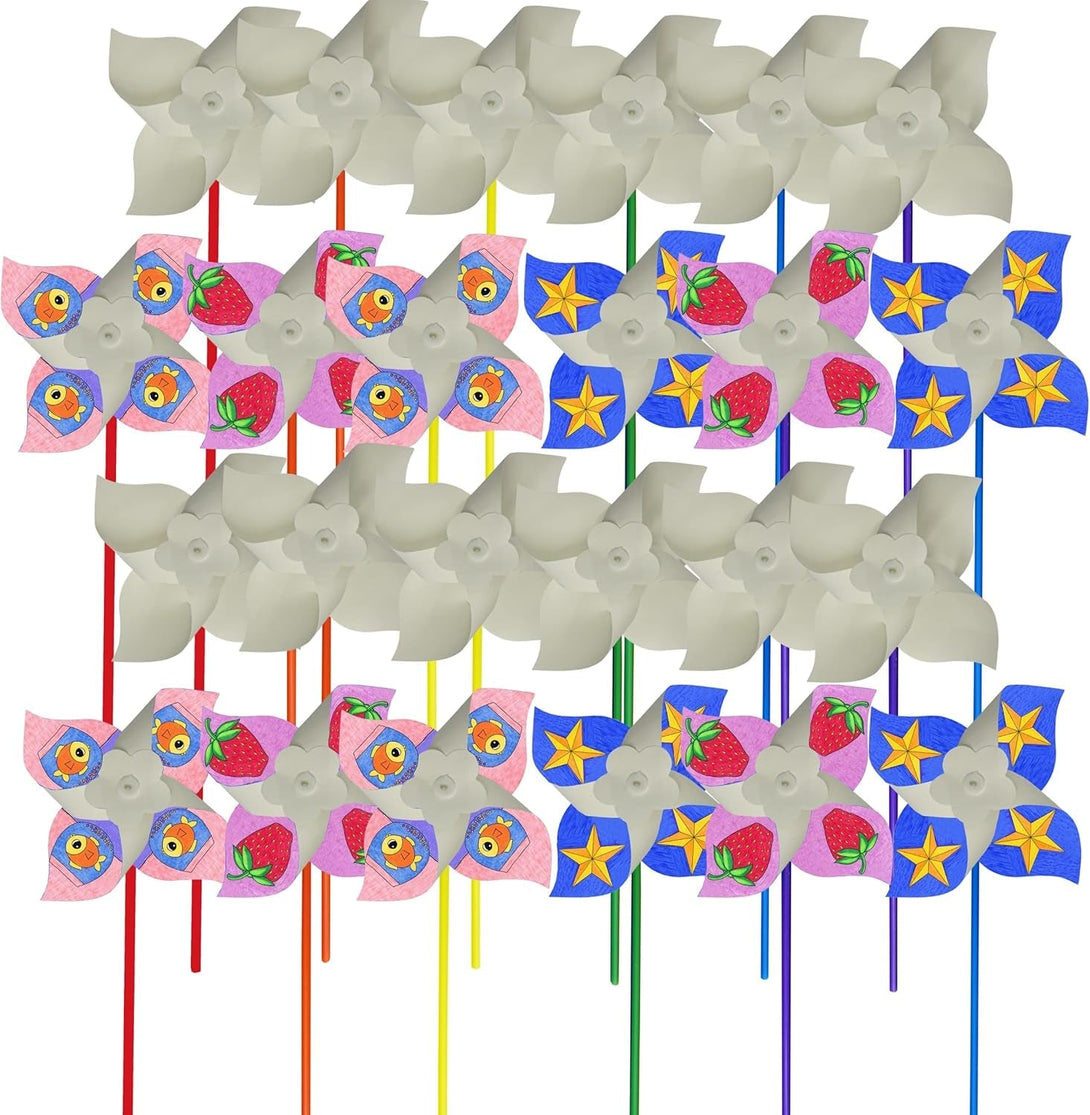 4E'S Novelty DIY Pinwheels Craft for Kids (24 Pack) Color Your Own White Pinwheels, Bulk Summer Craft Kit for Boys & Girls, July 4, Memorial Day Arts and Craft Party Activity
