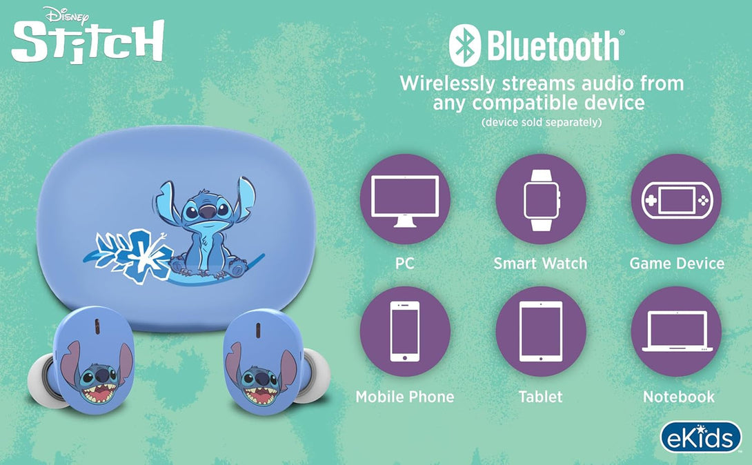 Ekids Disney Stitch Wireless Earbuds with Microphone, Bluetooth Earbuds with Charging Case for Ear Buds, Designed for School, Home, or Travel