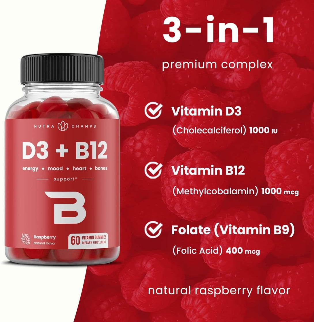 Nutrachamps Vitamin D3 & B12, Methyl B12 Gummies for Adults & Kids, Enhanced with Vitamin D 3 & B9 Vitamin Folate, Natural Energy, Mood, Metabolism & Focus, Raspberry, 60 Gummies