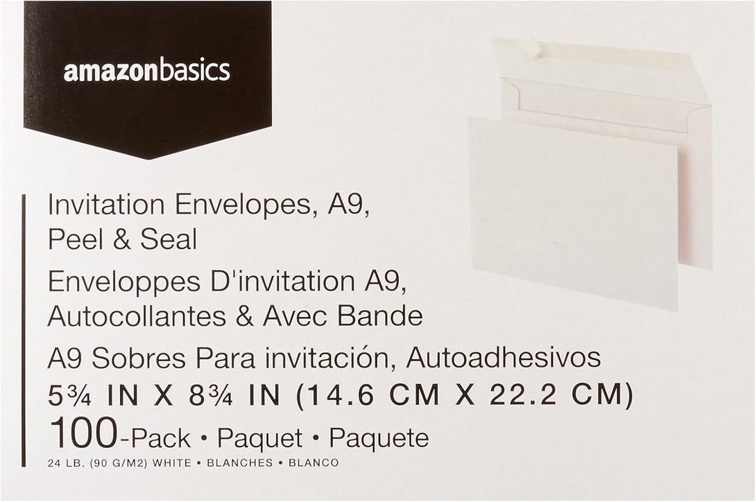 Amazon Basics A9 Blank Invitation Envelopes with Peel and Seal Closure, 5-3/4 X 8-3/4 Inches, White - Pack of 100