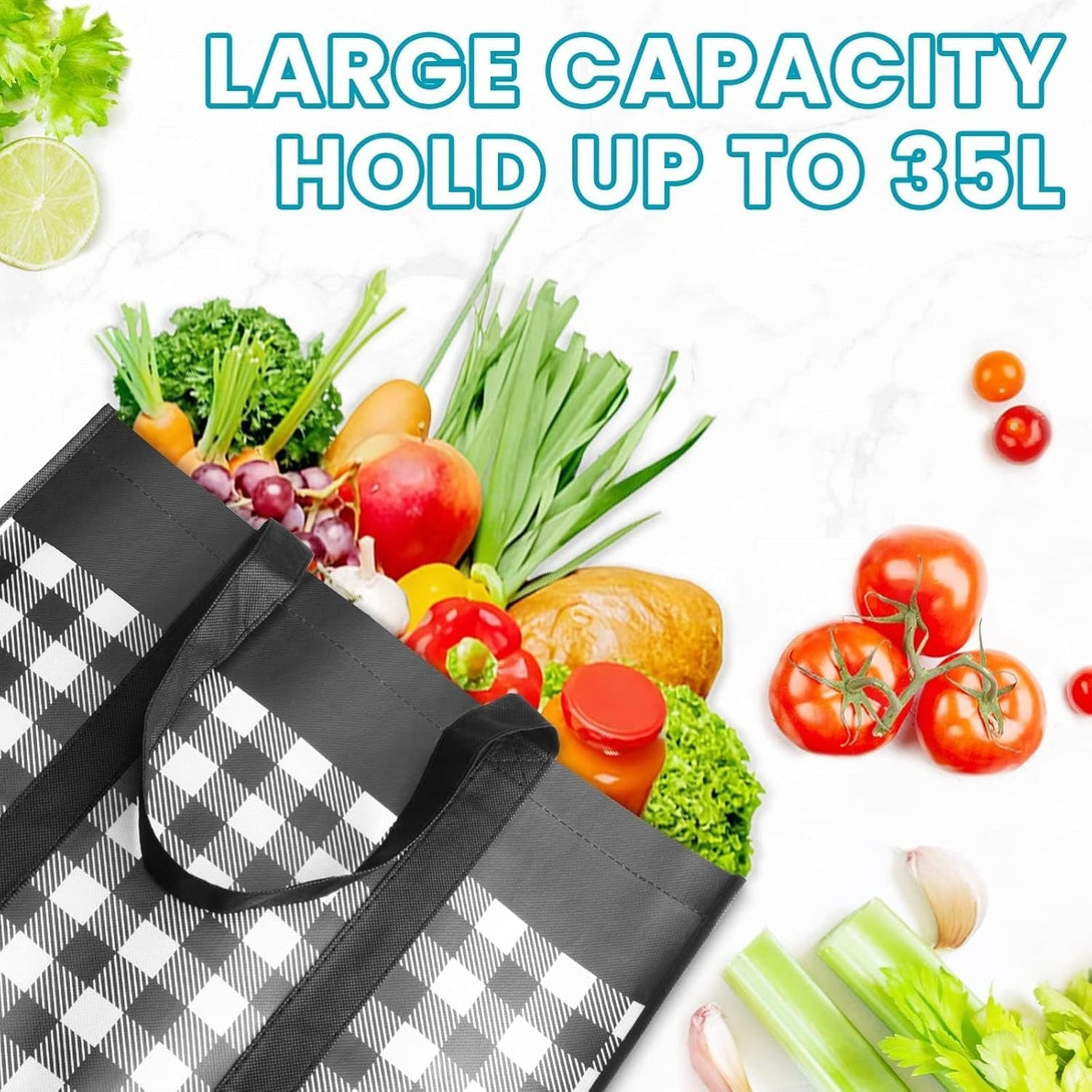 WOWBOX Reusable Grocery Bags,4-Pack, Foldable Reusable Shopping Tote Bags Bulk with Reinforced Handles,Large Storage Bags with Water Resistant Coating for Groceries,Multipurpose,Black-White