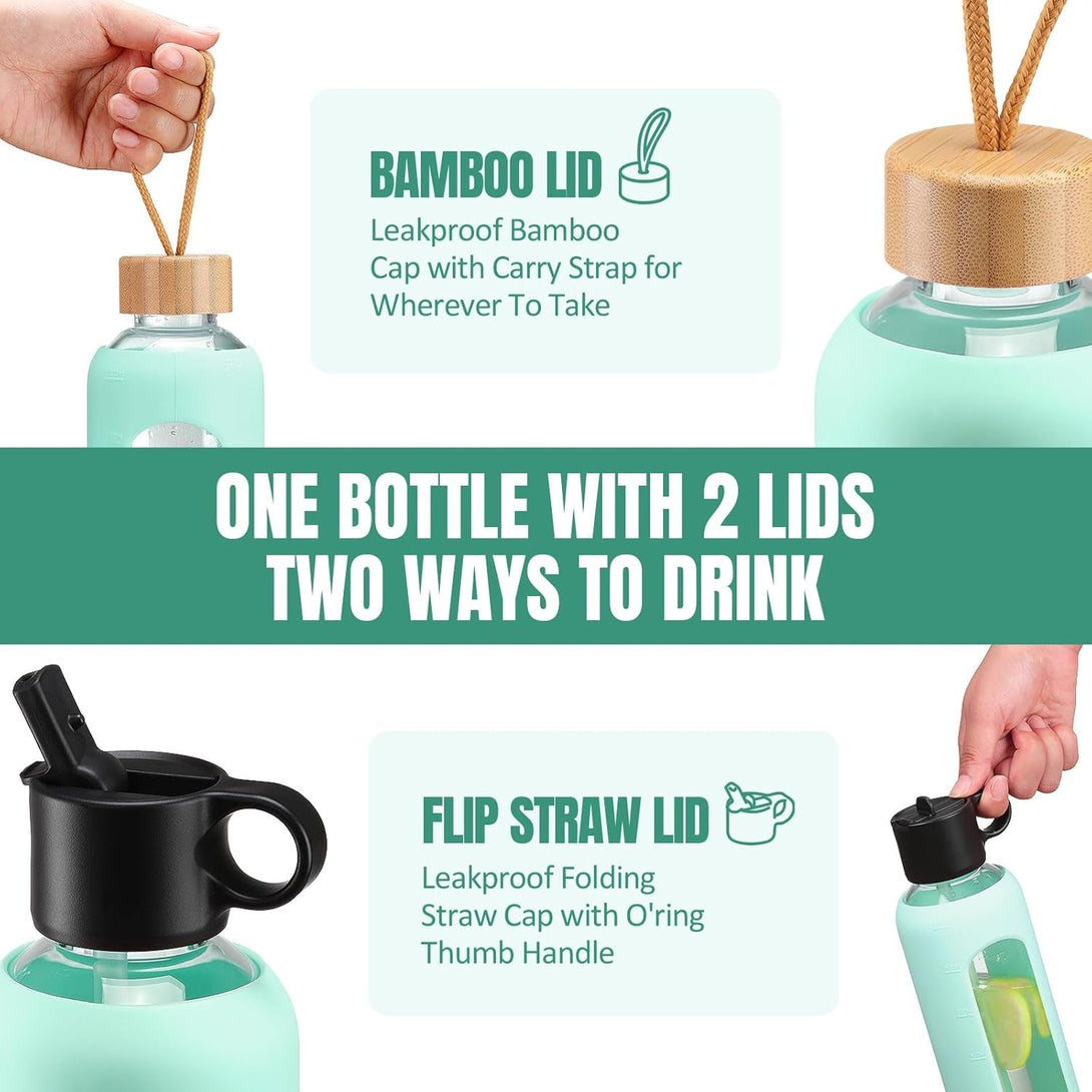 24Oz Glass Water Bottle with 2 Lids, Glass Tumbler with Silicone Sleeve, Drinking Bottles with Motivational Time Marker,1 Pack-Light Blue