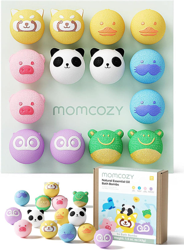 Momcozy Natural&Organic Essential Oil Bath Bombs,14 Pcs Bubble Bath Fizzy Balls with 7 Cute Animal Shapes,Bath Bombs Gift Set for Kids Girls Boys Toddler, Ideal Gift for Children'S Day, Bath Bomb Kit
