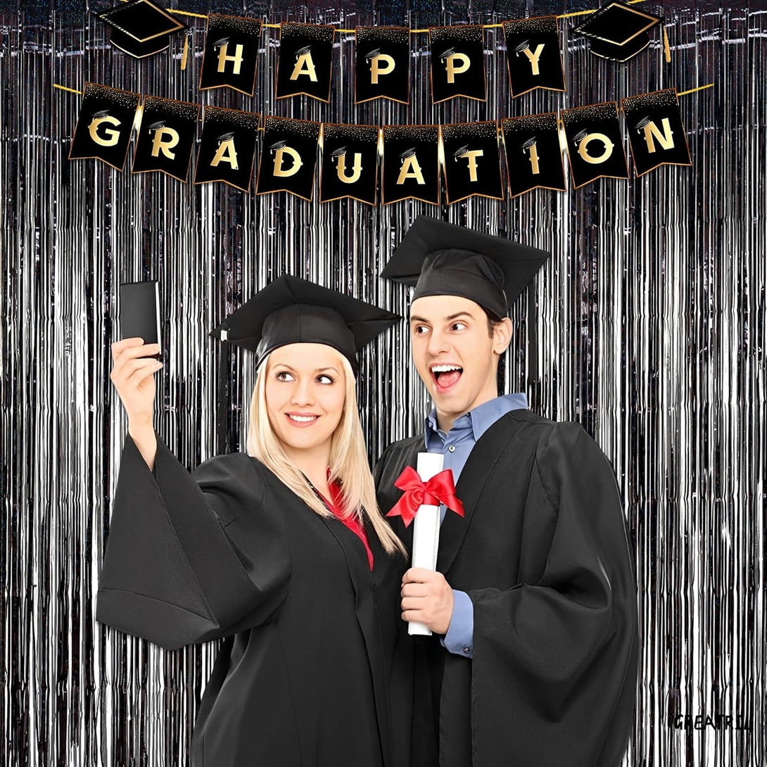 Black Tinsel Curtain Party Backdrop - GREATRIL Party Streamers Backdrop Foil Fringe Curtains for Birthdays/Wizard Halloween Decorations - 1M X 2.5M - Pack of 2