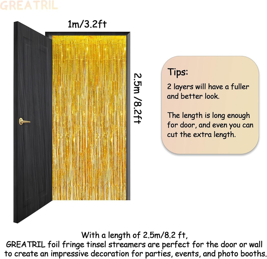 Gold Fringe Curtain Tinsel Backdrop - GREATRIL Foil Fringe Curtain Party Streamers for Prom 2025 NYE New Years Eve Birthdays Christmas Theme Party Decorations Pack of 2