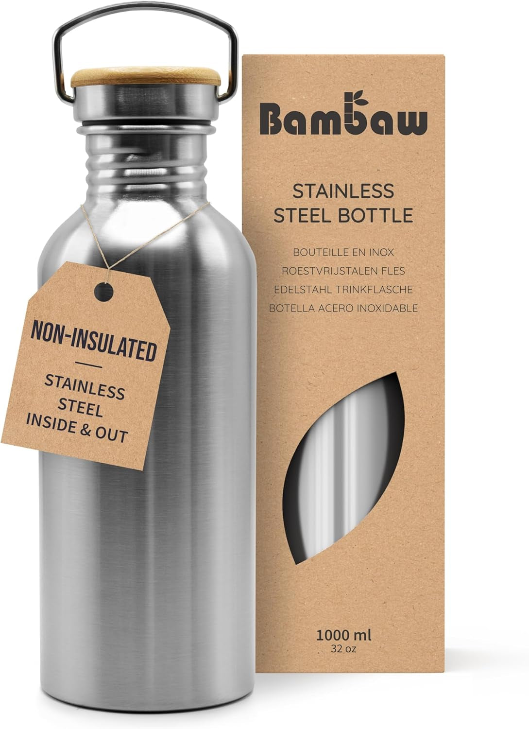 Bambaw Stainless Steel Water Bottles 32 Oz, Non-Insulated Single Wall Metal Water Bottle Stainless Steel, Reusable & Eco Friendly, Dishwasher Safe – Silver
