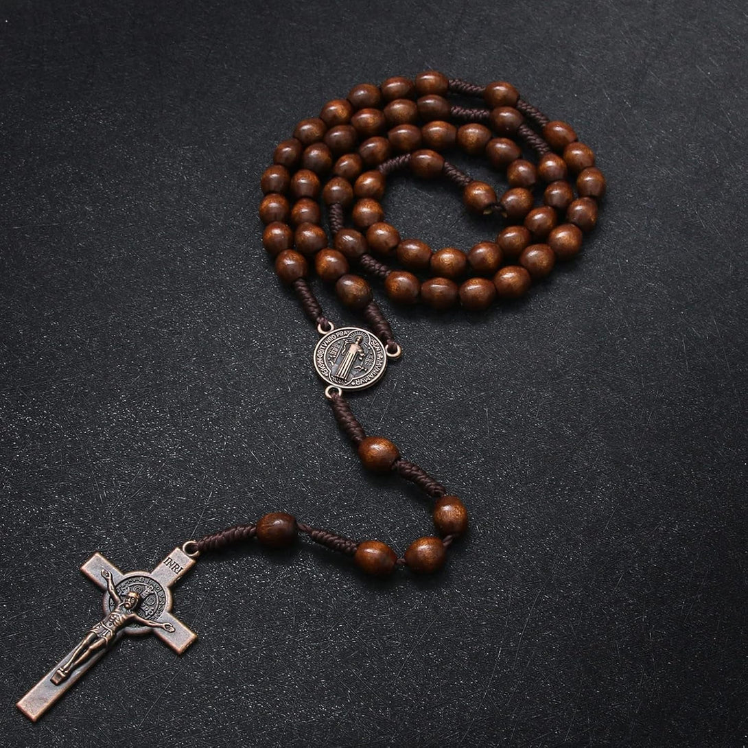 KOMI Handmade Wooden Catholic Rosaries, Rosary Beads Necklace from Bethlehem Wood Christian Prayer Holy Soil Medal & Metal Cross for Catholic or Christian Gift