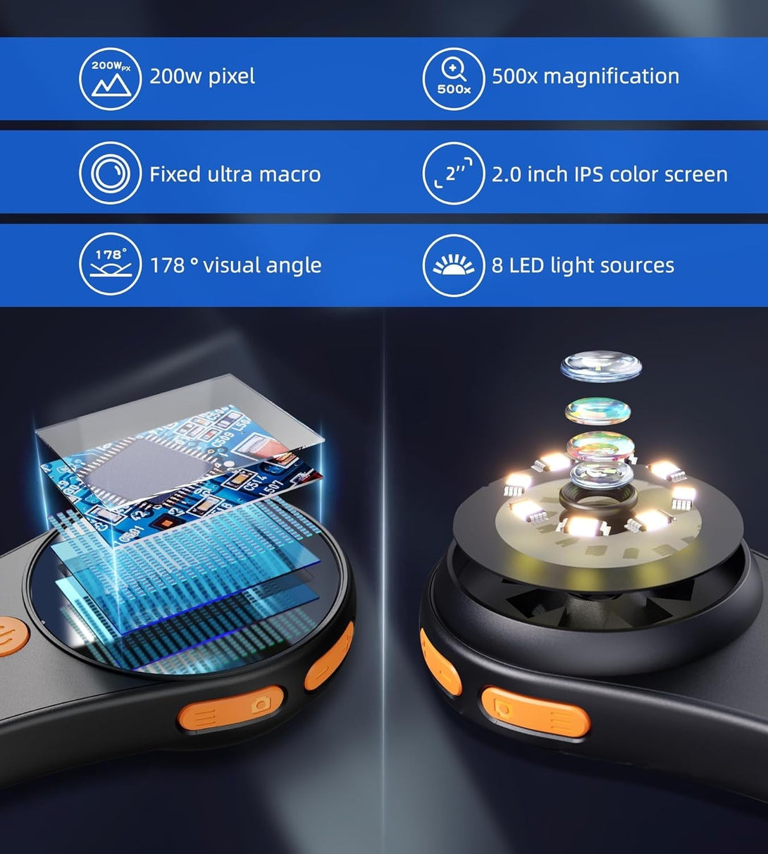 T TAKMLY Magnifying Glass with Light Portable Handheld USB Digital Microscope Macro Camera 2.0 Inch IPS Color Screen Fixed Focus, 200W Pixel, 500X Magnification, Compatible with Windows, Mac OS