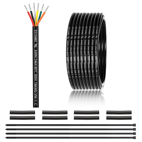 18 Gauge 6 Conductor Electrical Wire 25FT, UL 2464 18 AWG 6 Wire Cable Tinned Copper PVC Stranded 18/6 Core Wire for LED Lighting, Outdoor Low Voltage Extension Cable, Automotive Etc.