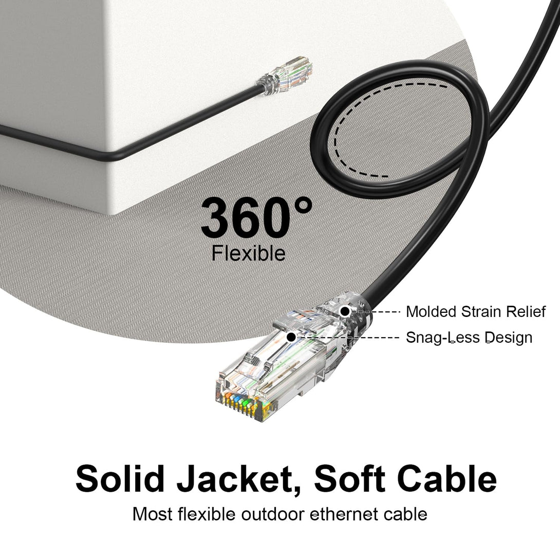 Jadaol Cat6A Ethernet Cable 50 Ft Slim, Outdoor&Indoor 10Gbps 550Mhz, Snagless 28AWG Pure Copper Network Cable for Waterproof&Direct Burial, Flexible LAN Cable for Router, Modem, Switch, Gaming, Black