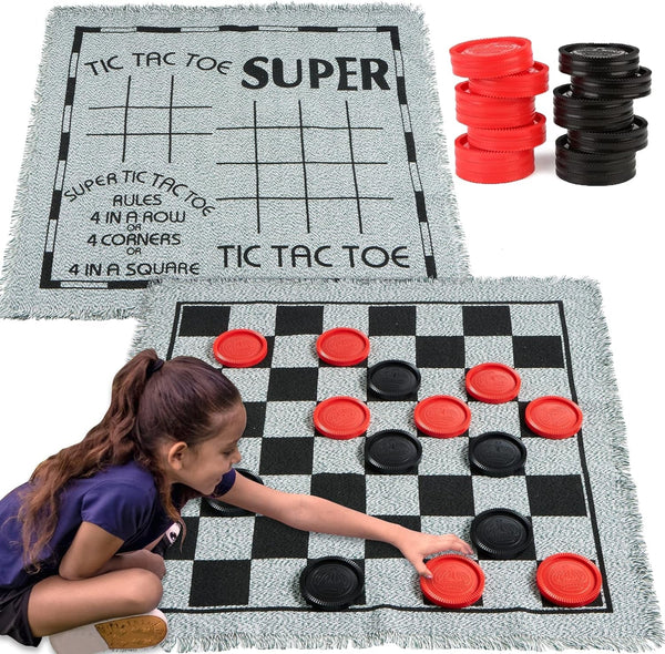 3-In-1 Vintage Giant Checkers, Tic, Tac, Toe, with Reversible Mat, 24 Chips, Family Board Game, Lawn Game, BBQ Party Favor, Indoor and Outdoor Activity for Kids and Adults