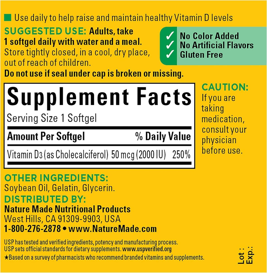 Nature Made Vitamin D3 2000 IU (50 Mcg), Dietary Supplement for Bone, Teeth, Muscle and Immune Health Support, 90 Softgels, 90 Day Supply