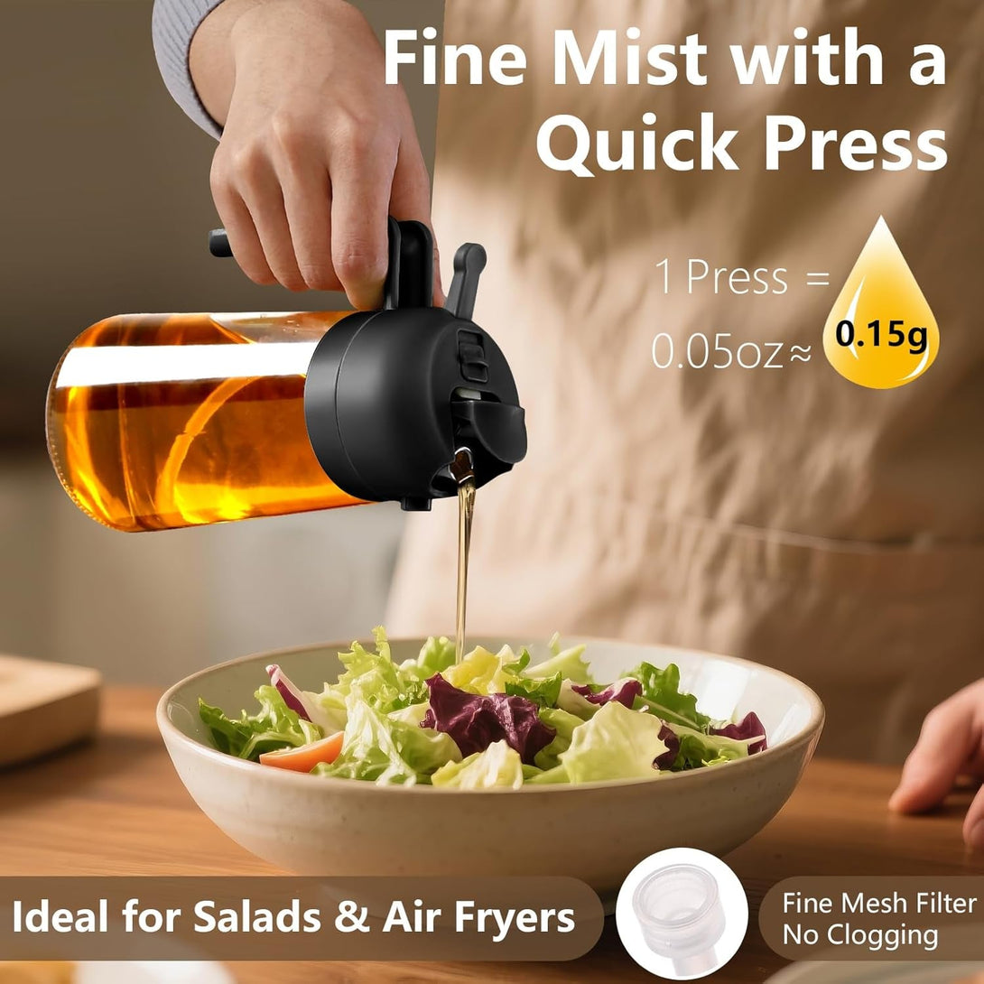 Olive Oil Sprayer for Cooking, 470Ml 2 in 1 Glass Oil Dispenser/Pour Bottle, Kitchen Accessories, Kitchen Gadgets for Air Fryer, Salad, BBQ (Black)