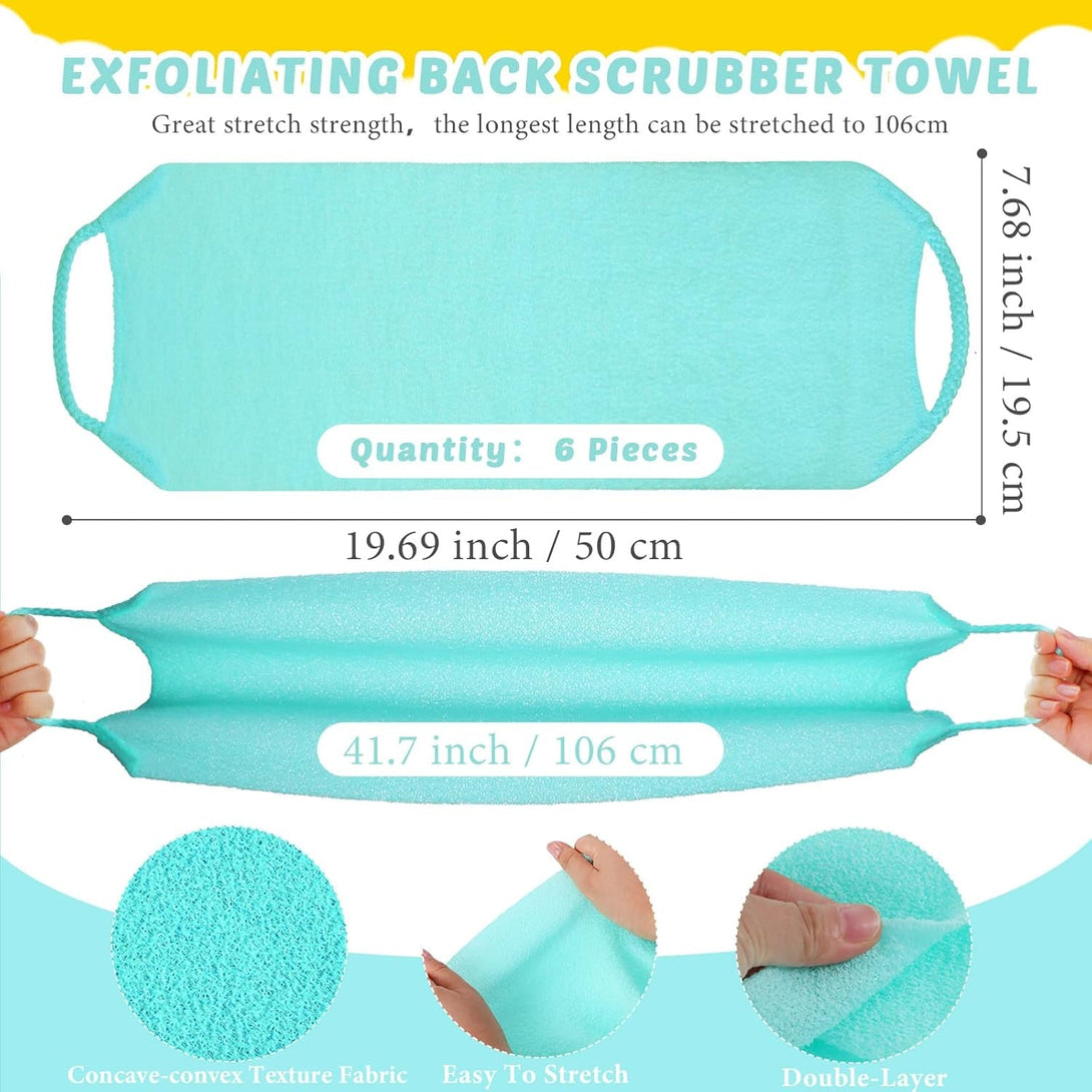 4 Pack Exfoliating Washcloth Back Scrubber Set, 2 Exfoliating Body Scrubber Nylon Back Body Scrub Towel, 2 Pairs Shower Gloves for Women Men Bath Shower Exfoliation(Pink, Light Blue, Green)