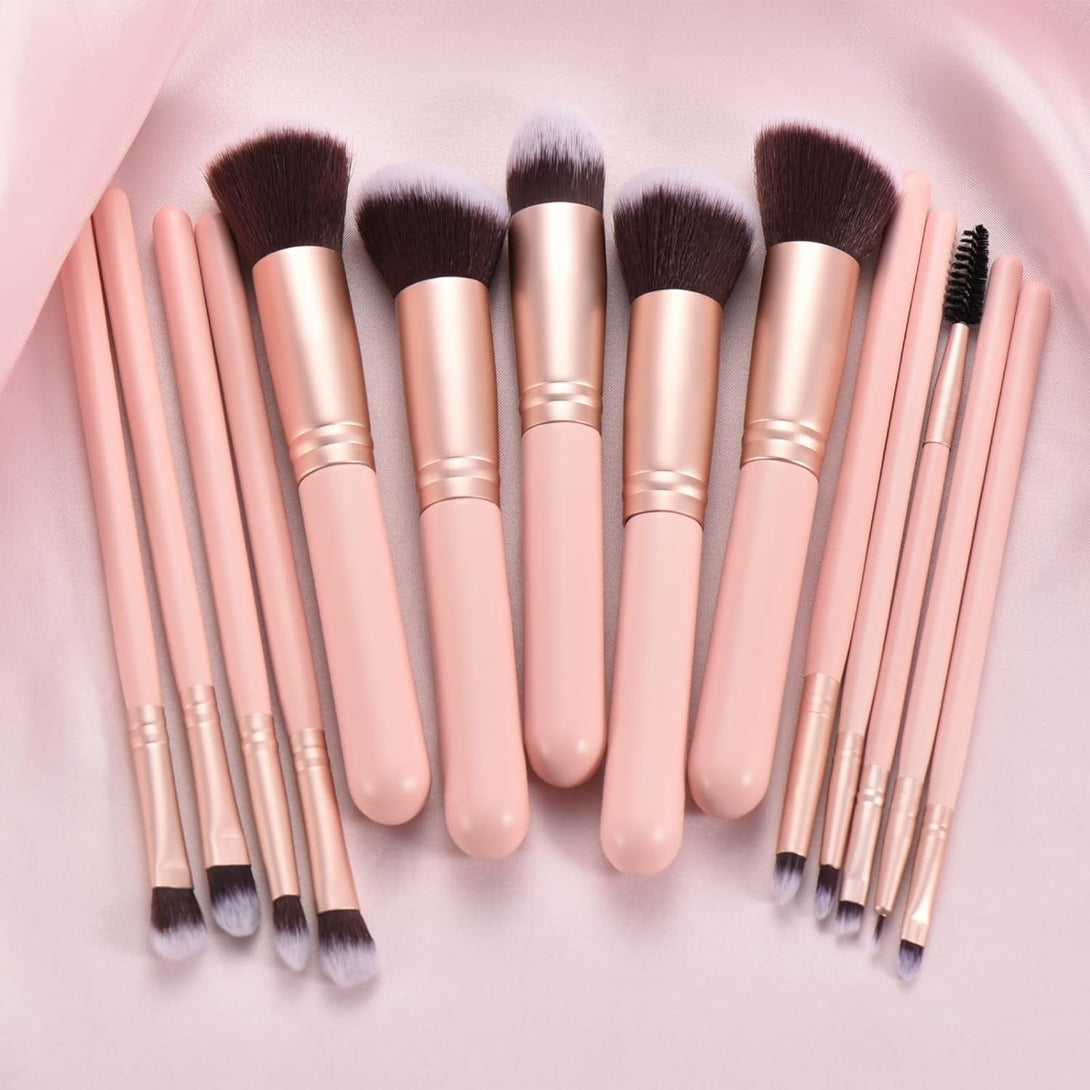 14 Piece Pink Makeup Brushes-Wooden Handle with Soft Synthetic Bristles,For Face & Eye Makeup|Professional Makeup Brushes Set for Women & Girls|