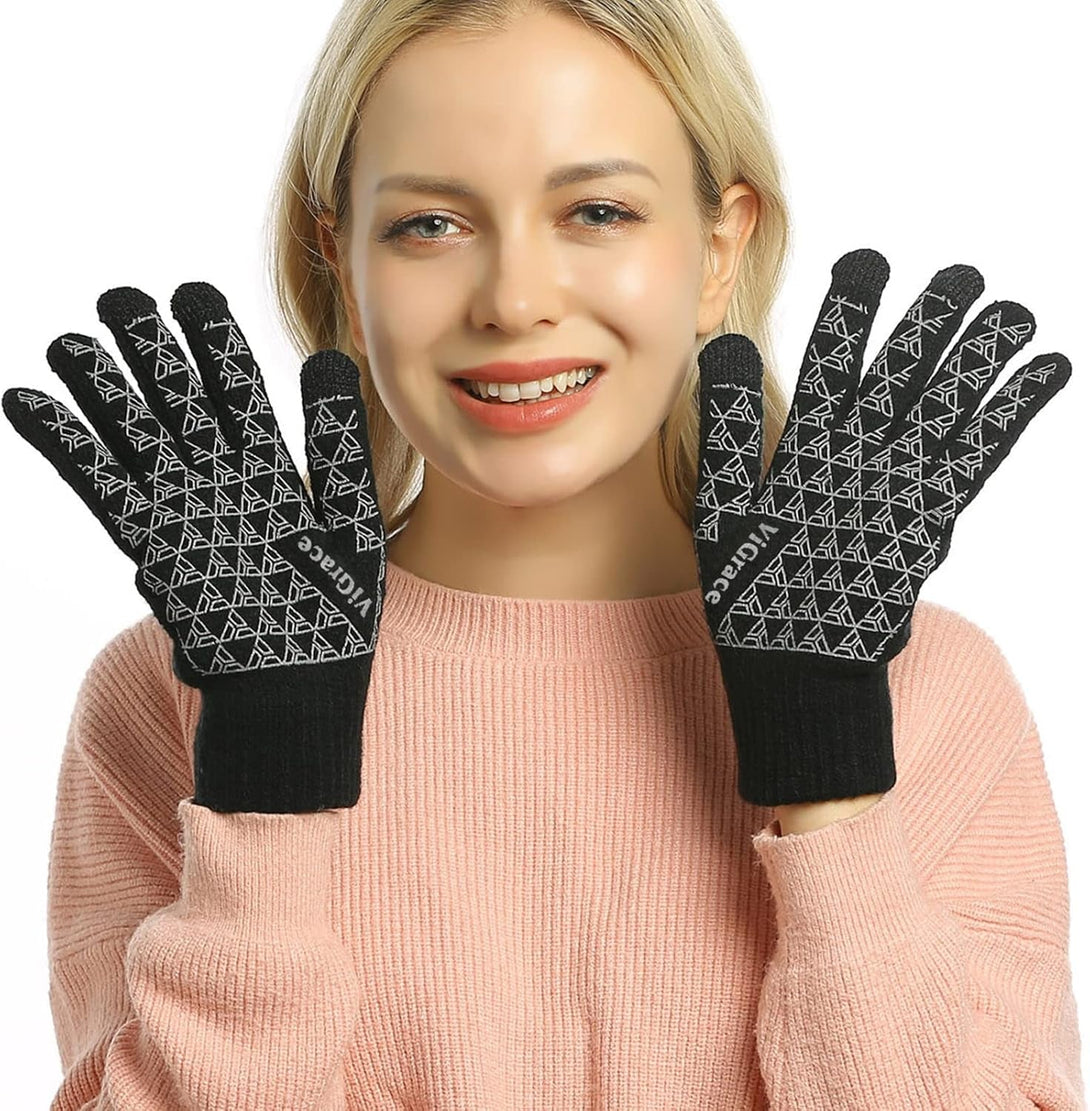 Vigrace Winter Warm Touchscreen Gloves for Men and Women Touch Screen Fleece Lined Knit Anti-Slip Wool Glove