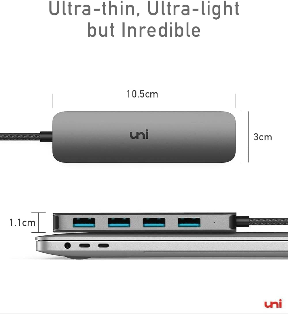 Uni USB C to USB Hub Multiport Adapter, Aluminum 4 Ports USB C Splitter for Laptop, Slim Thunderbolt 3/4 Data USB Hub Compatible for Macbook Pro/Air, Ipad Pro, Dell, Chromebook | Keyboard, Mouse, HDD