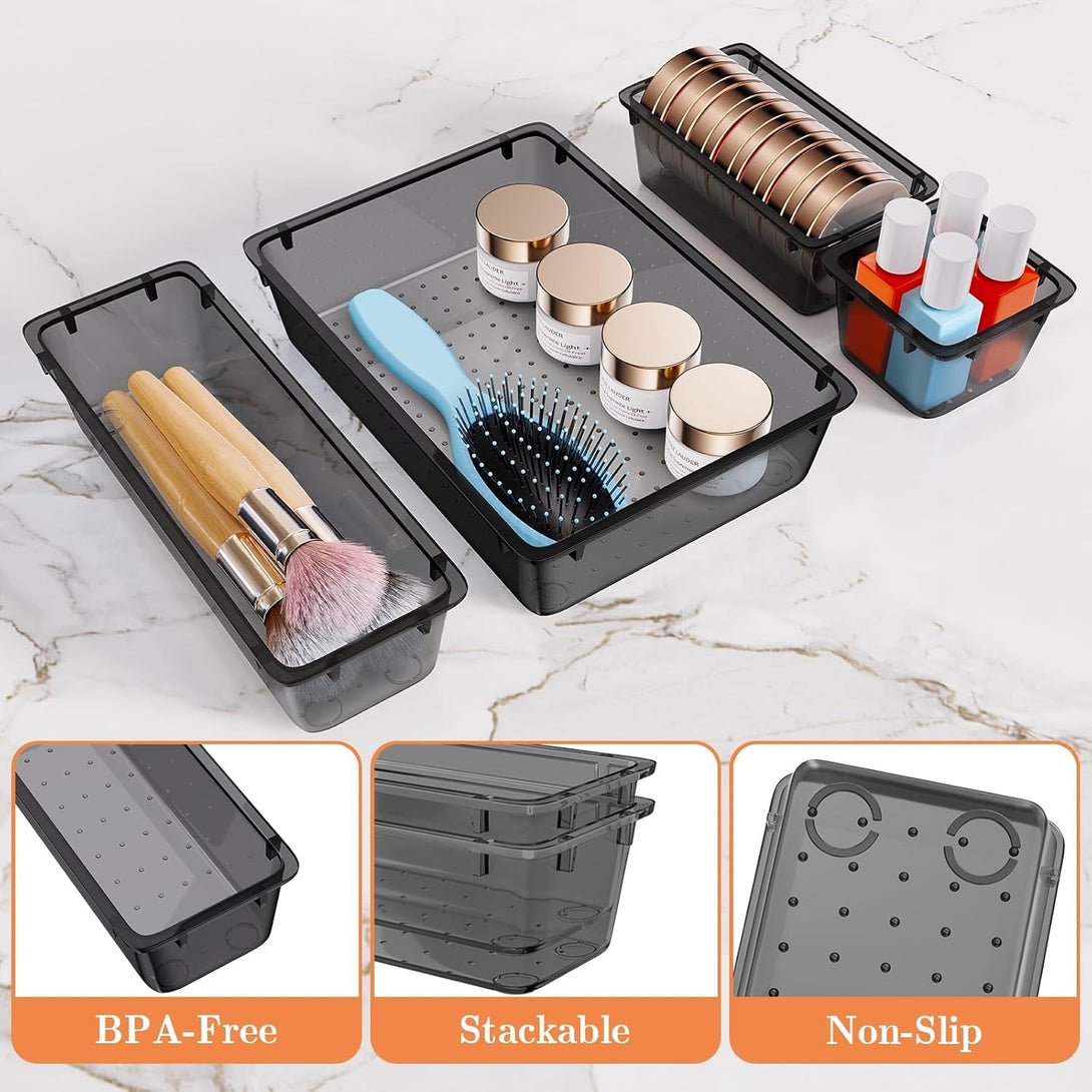 25 PCS Plastic Drawer Organizer Set, 4-Size Versatile Organizer Trays & Storage Bins for Makeup, Jewelry, and Gadgets in Bathroom, Bedroom and Office, Black