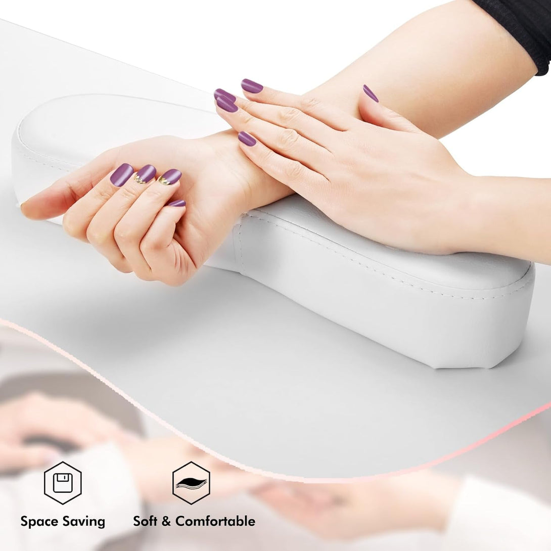 Artist Hand Nail Table, Manicure Table, Nail Tech Table Station, Wrist Cushion, Lockable Wheels, Fabric Storage Drawers, Wooden Handle, White