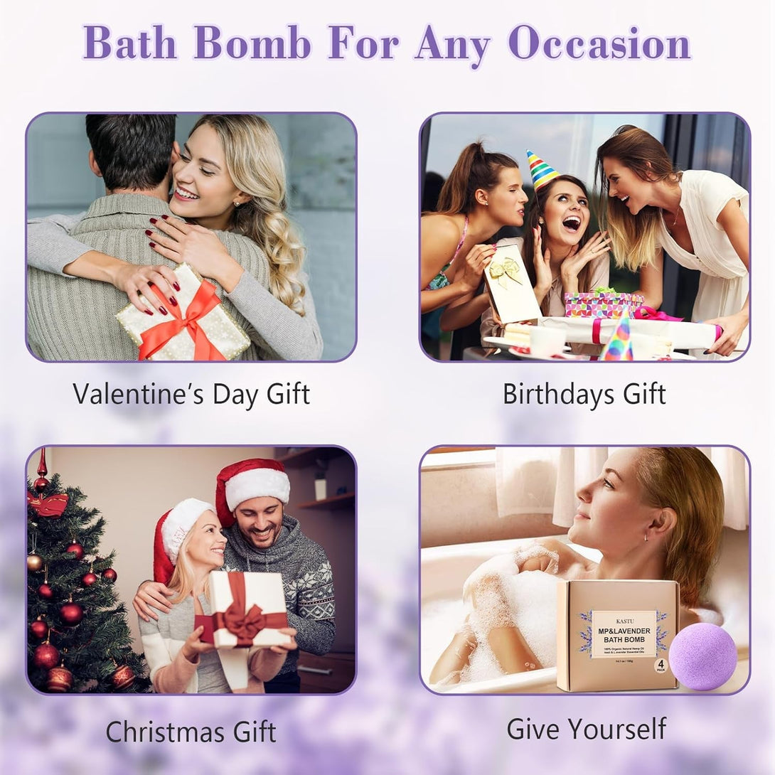 Natural Hemp Oil Extract and Lavender Essential Oils Bath Bombs Salt Balls,4 Pack Gift Set,Moisturizing Dry Skin,Fizzy Spa,Relaxation,Self Care,Relaxing,Bubble Bath Bomb Gifts Idea for Men Women