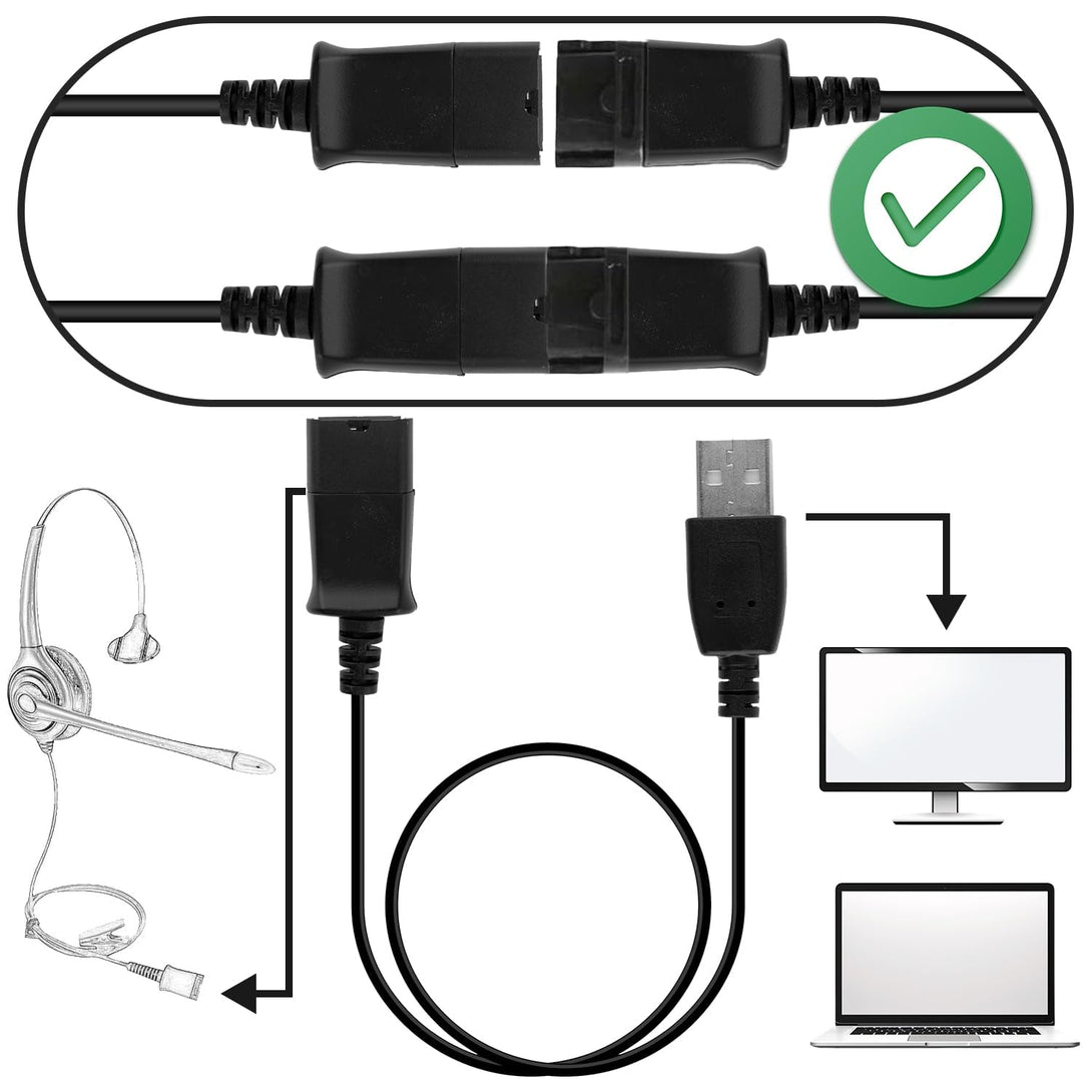 USB Adapter Cable, 49.2 Inch Long QD (Quick Disconnect) to USB Type a Plug USB-A Male Cable for Plantronics QD Headset Computer Laptop PC Soft Phone Mac Windows Linux Skype