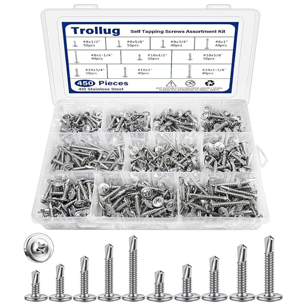 450PCS Self Tapping Screws for Metal, 410 Stainless Steel Self Drilling Screws #8#10 Truss Head Sheet Metal Screws Assortment Kits, Length 1/2"" to 1-1/4'' (Silver)