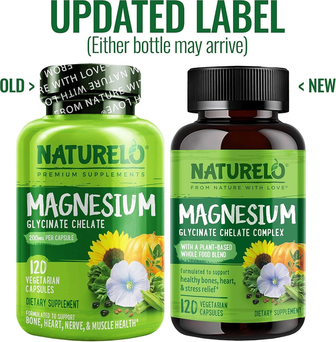 NATURELO Magnesium Glycinate Chelate Complex - 200 Mg Magnesium with Organic Vegetables to Support Sleep, Calm, Muscle Cramp & Stress Relief - Gluten Free, Non GMO - 120 Capsules