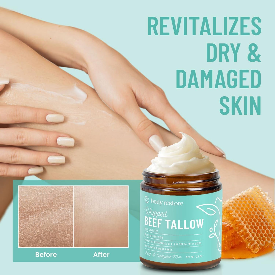 Body Restore Grass Fed Whipped Beef Tallow for Skin, Face, Body, Dry Skin - with Manuka Honey, Jojoba Oil, Mothers Day Gifts, Gift for Mom, Wife, Dad, Best Friend, Travel Essentials - Eucalyptus