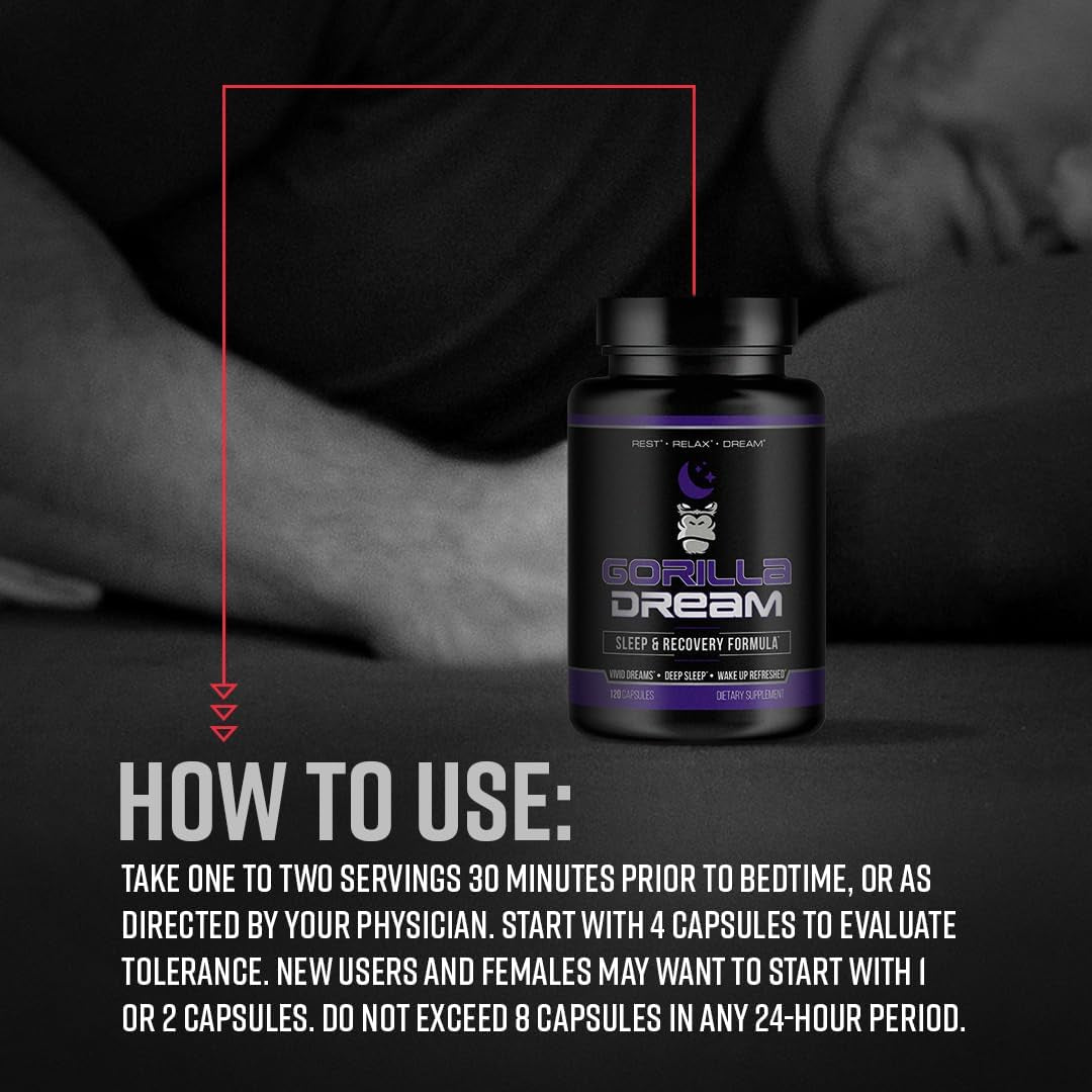 Gorilla Mind Dream Sleep Supplement (120 Capsules) - Nootropic Infused Comprehensive Sleep & Recovery Supplement - GABA, Melatonin, Valerian Root, Magnesium, L-Theanine, Sensoril, Ashwagandha & More