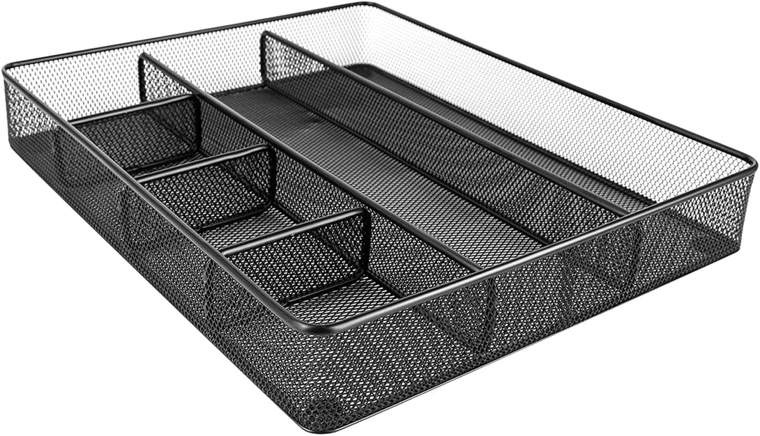 Amazon Basics Desk Drawer Organizer for Office and Home, Metal Mesh, Anti-Slip, 6 Compartments, Black