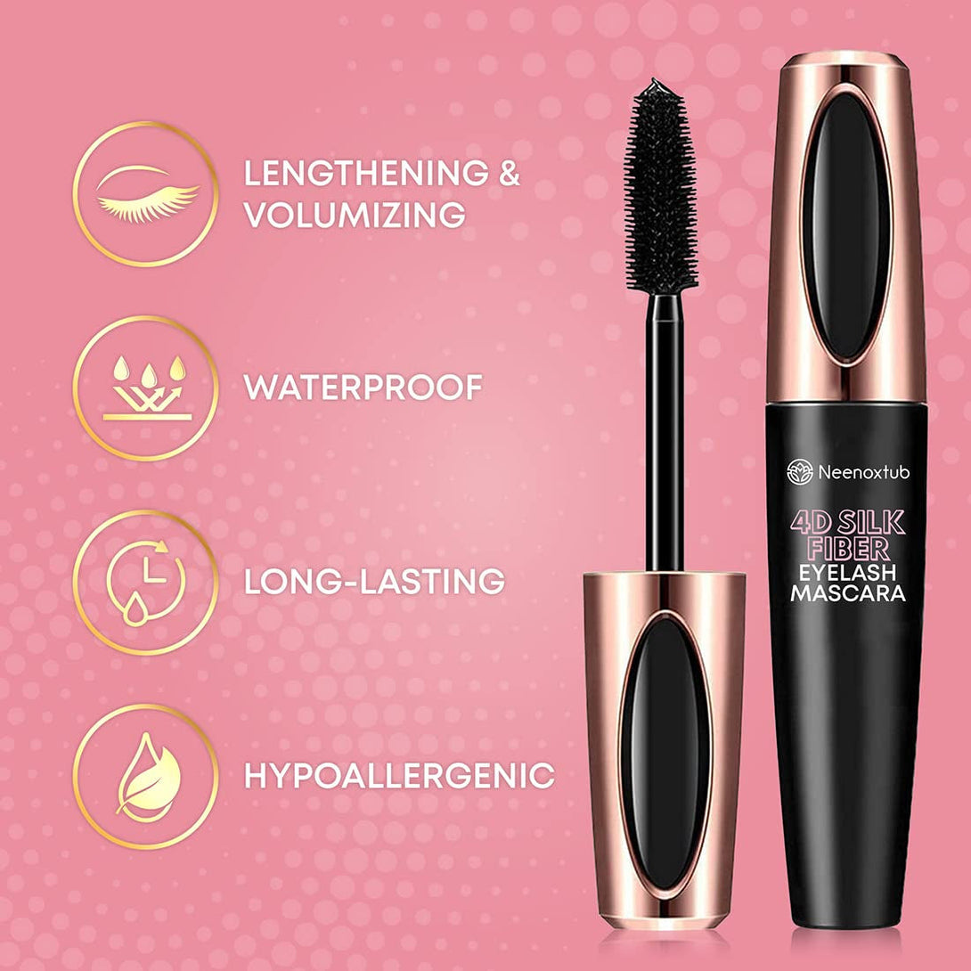 4D Silk Fiber Lash Mascara, Lengthening and Thick, Long Lasting, Waterproof & Smudge-Proof, Hypoallergenic Formula 2 Pack Black