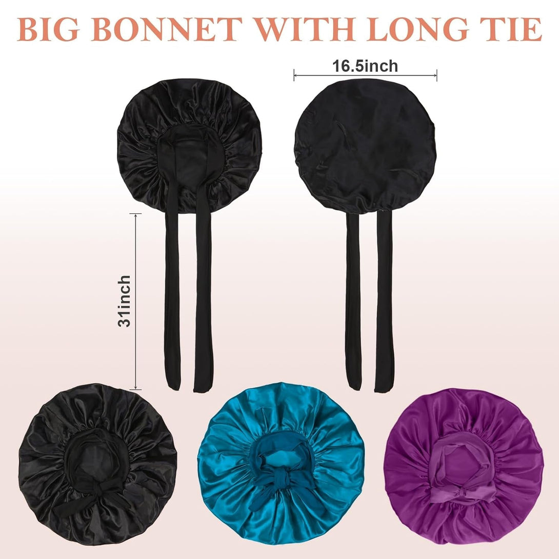 3Pcs Silk Bonnet for Sleeping, Satin Hair Bonnets for Sleeping Black Curly Hair Women Extra Large Jumbo Bonnet with Tie Band Braids (Black+Peacock Blue+Purple)