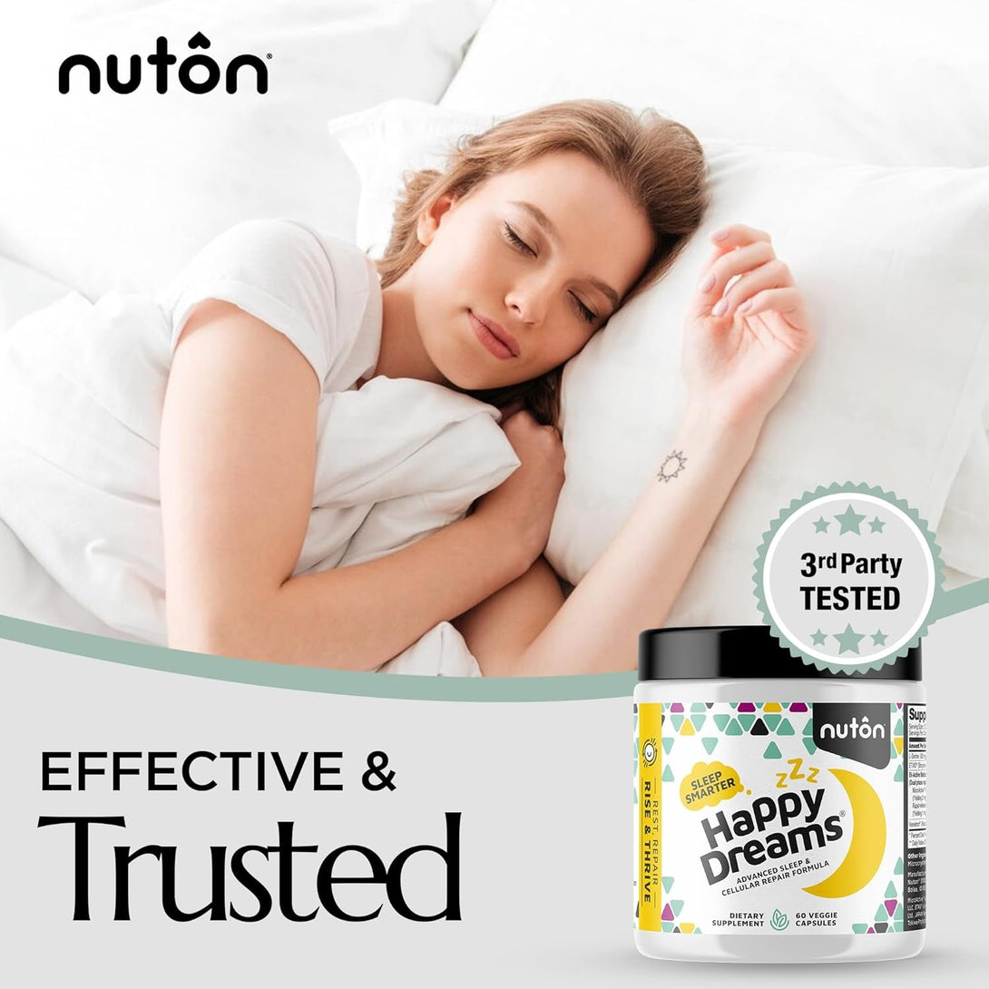Nuton Happy Dreams Sleep Supplement - Natural Sleep Aids for Adults, Time Release Melatonin, ETAS Asparagus & Venetron Extract, Rest Support Supplement, Natural Aid for Adults, 60 Veggie Capsules
