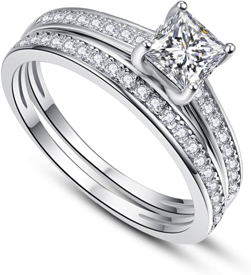 1.35Ct Princess Cut Engagement Ring 925 Sterling Silver Wedding Band Set for Women Cubic Zirconia Bridal Sets Size 5-10