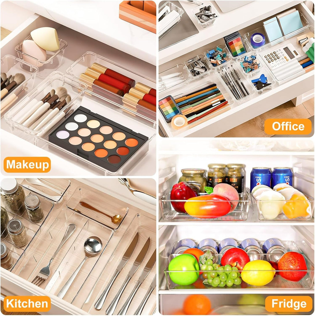 13-Piece Clear Plastic Drawer Organizers: 3 Sizes, Stackable, Anti-Slip, Multi-Function, 2-Year Warranty