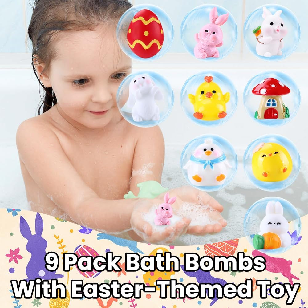 JOICEE 9 Pack Easter Bubble Bath Bombs for Kids with Easter Surprise Inside,Handmade Easter Egg Bunny Chick Organic Bath Fizz Balls for Kids Boys Girls Gift Easter Basket Stuffers