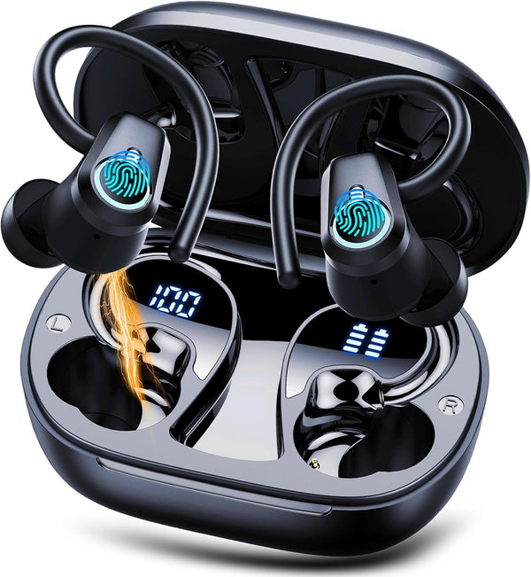 Wireless Earbuds, Sport Headphones Bluetooth 5.3, Ear Buds Wireless Earbuds Bluetooth, 50H Playtime HD Stereo Noise Cancelling Headphones, Dual LED Display IP7 Waterproof Running Earphones, Deep Black