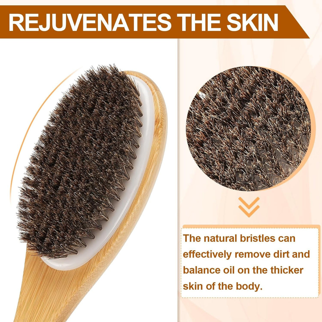 Exfoliating Back Scrubber for Shower with Curved Long Handle, 16.7 Inches Bamboo Body Brush with Natural Bristles for Wet or Dry Brushing, Body Exfoliator Back Washer Bath Tool for Men & Women