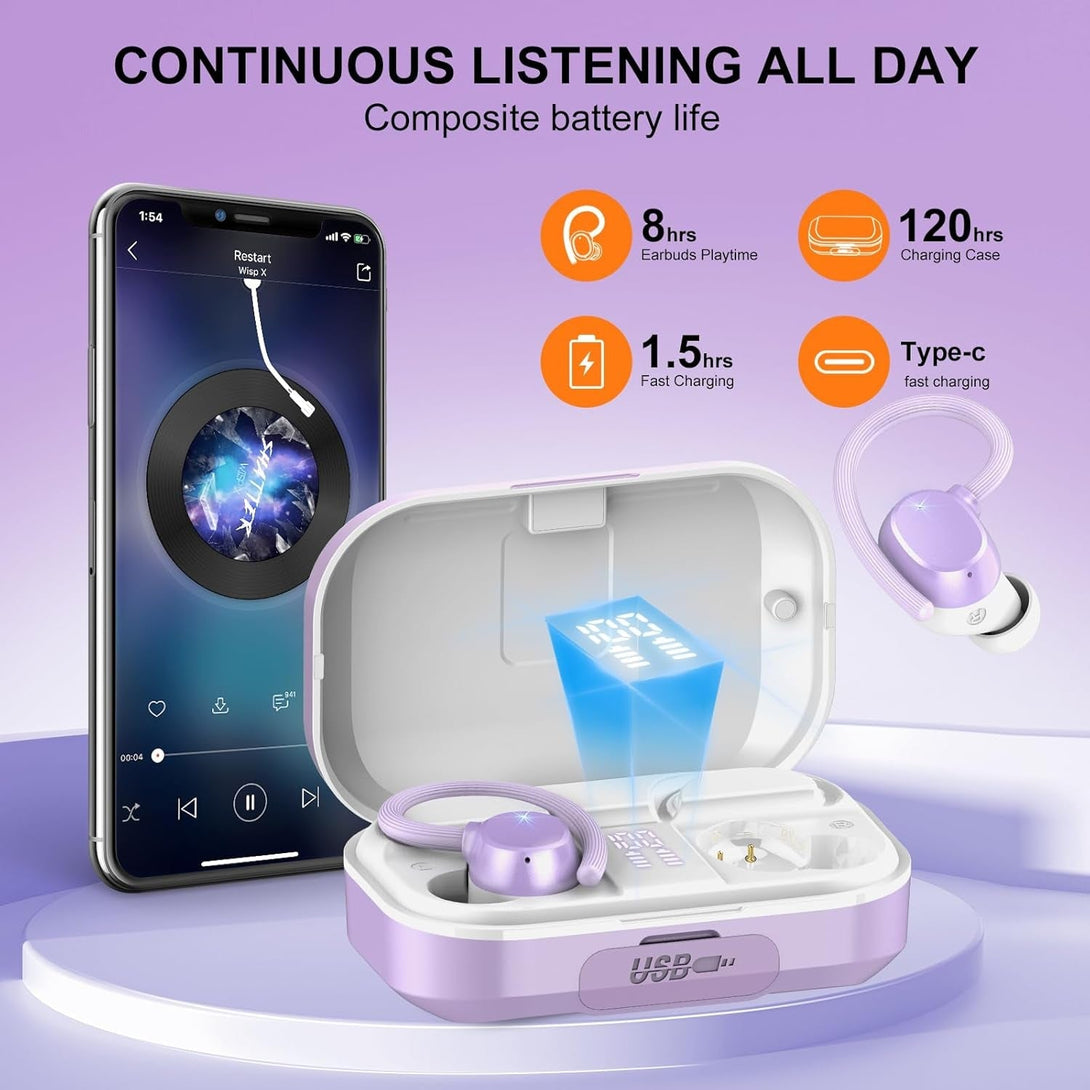 Purple Wireless Earbuds Bluetooth Headphones with Mic - Hifi Stereo, Deep Bass, 120Hrs Playtime, USB-C, IP7 Waterproof, Dual LED Display for Running Sports