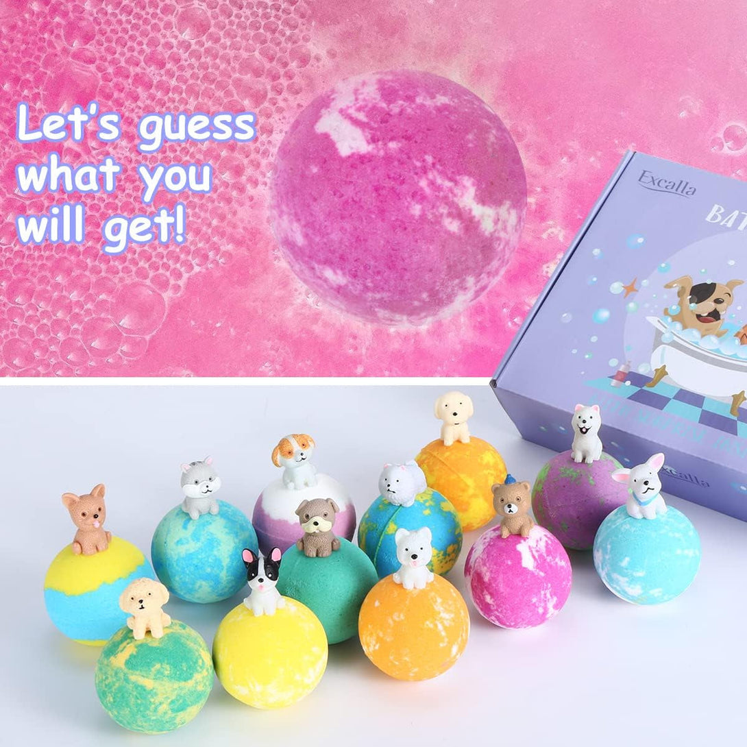 Bath Bombs for Kids with Surprise Toys inside for Girls Boys - 12 Pcs Bubble Bath Fizz Balls Gift Set with Puppy Toy, Gentle and Kids Safe for Easter Eggs Stuffers