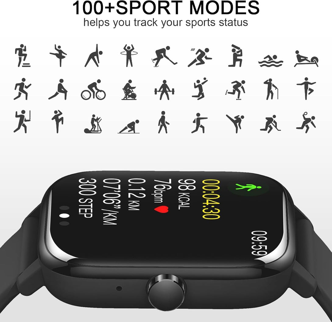 Smart Watch for Men Women，Smartwatch with Bluetooth Call(Answer/Make Call)， 1.85" Touch Screen Fitness Watch Tracker with IP68 Waterproof, 100+Sports Compatible with Android Iphone Ios (Black)