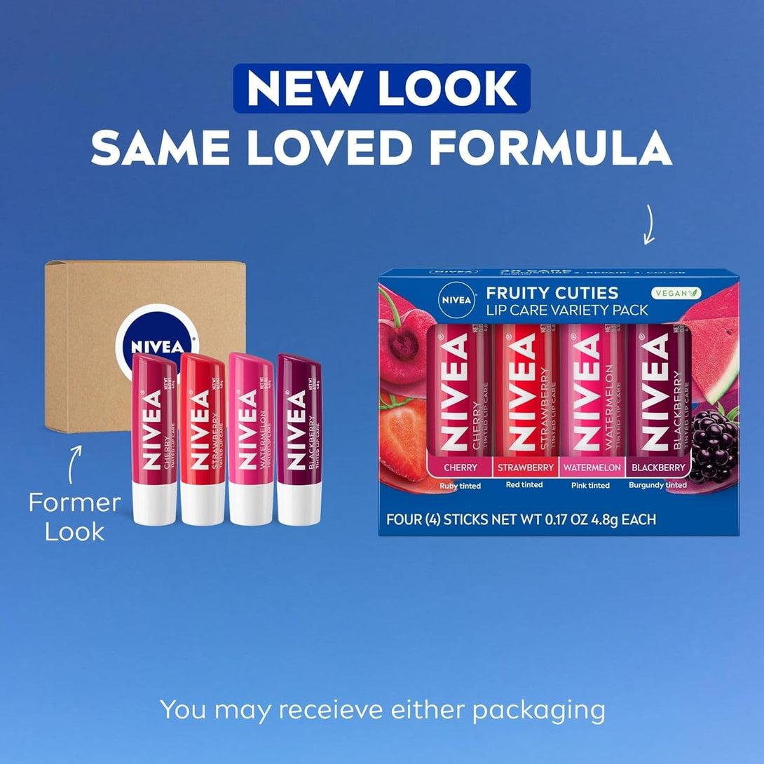 NIVEA Lip Care, Fruity Tinted Lip Balm Variety Pack, Cherry, Strawberry, Blackberry and Watermelon Flavors, 3-In-1 Moisture, Repair and Color, 0.17 Oz Stick, Pack of 4