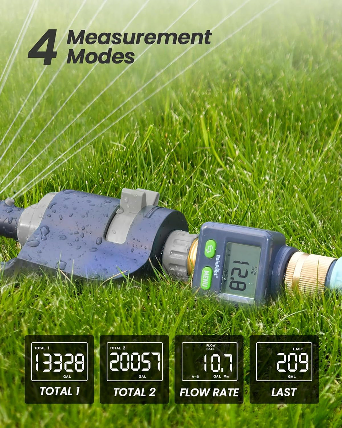 RAINPOINT Water Flow Meter with Brass Inlet & Outlet, 180° Screen-Flip Water Meter, Measure Gallon/Liter Consumption for RV Filling, Garden Watering, Sprinkler and Hoze Nozzle