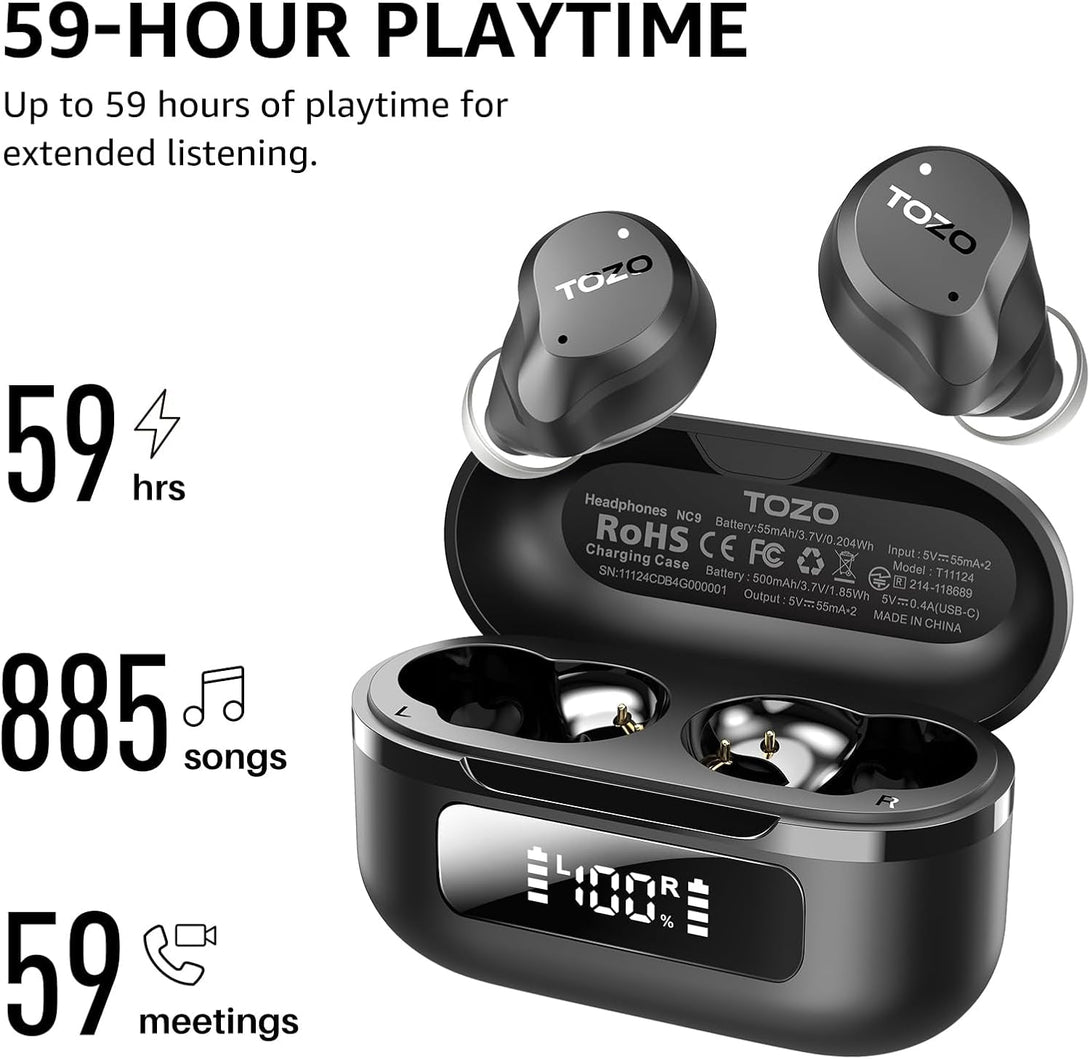 TOZO Hybrid Active Noise Cancelling Wireless Earbuds, 6 Mics ENC Clear Call, IPX8 Waterproof, in Ear Bluetooth 5.3 Headphones Stereo Bass Ear Buds 59H Playtime with LED Display 32 Eqs via APP