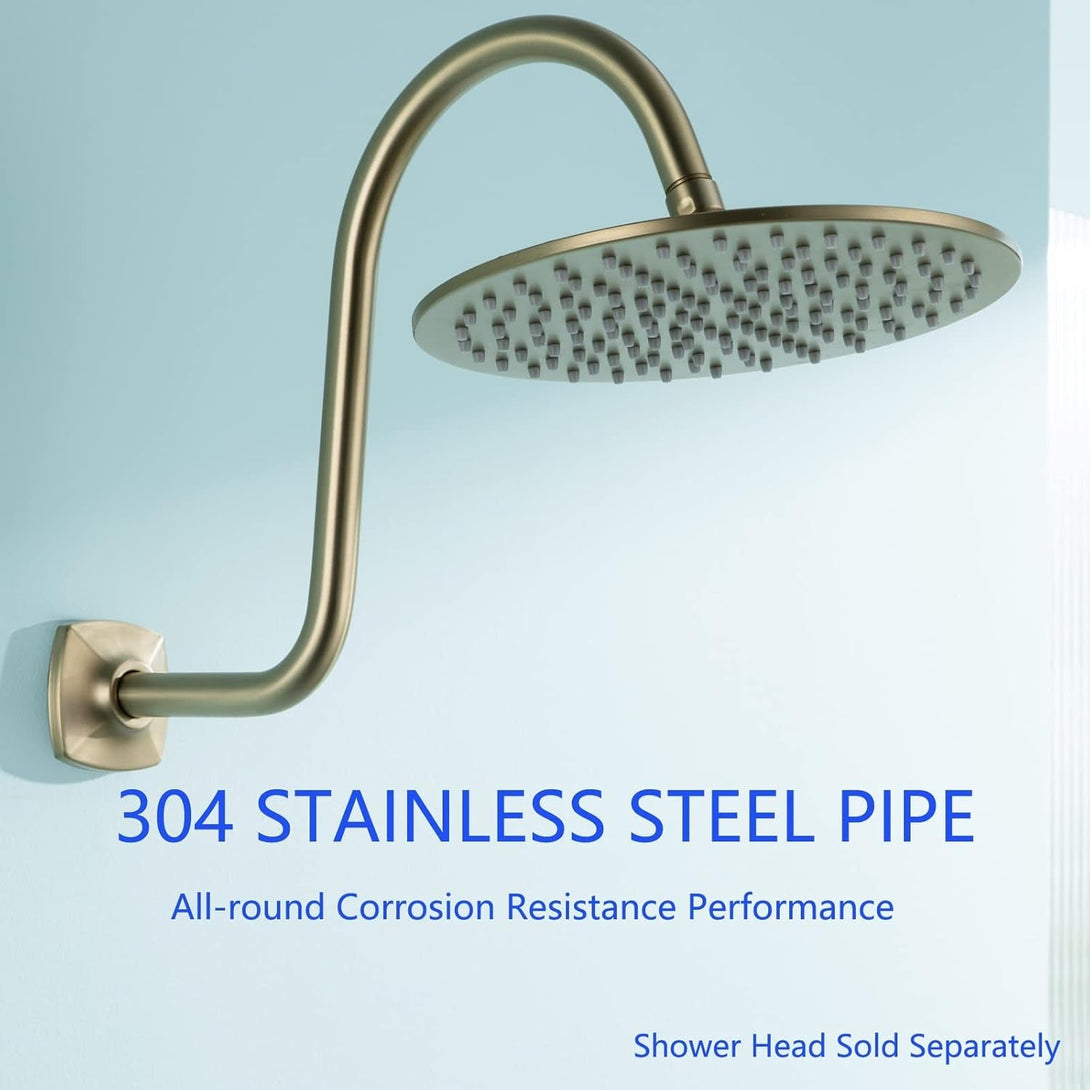 13 Inch High Rise S Shape Shower Extension Arm with Flange,Brushed Gold Shower Head Extender Arm Wall Mounted,Standard 1/2" Connection-Bathroom Accessory,Sw-91098-13Bg.