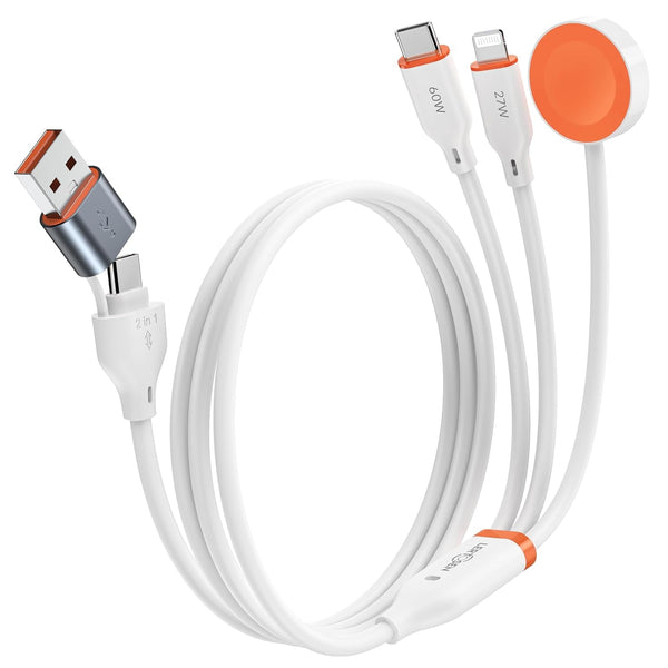 For Apple Watch Charger,3-In-2 Silicone Multi Charging Cable Travel Fast Charger Cord with USB C/Lightning Ports –Tangle-Free for Iwatch Ultra/Se/10-1, Iphone 16-12/Ps5/Nintendo Switch-4Ft