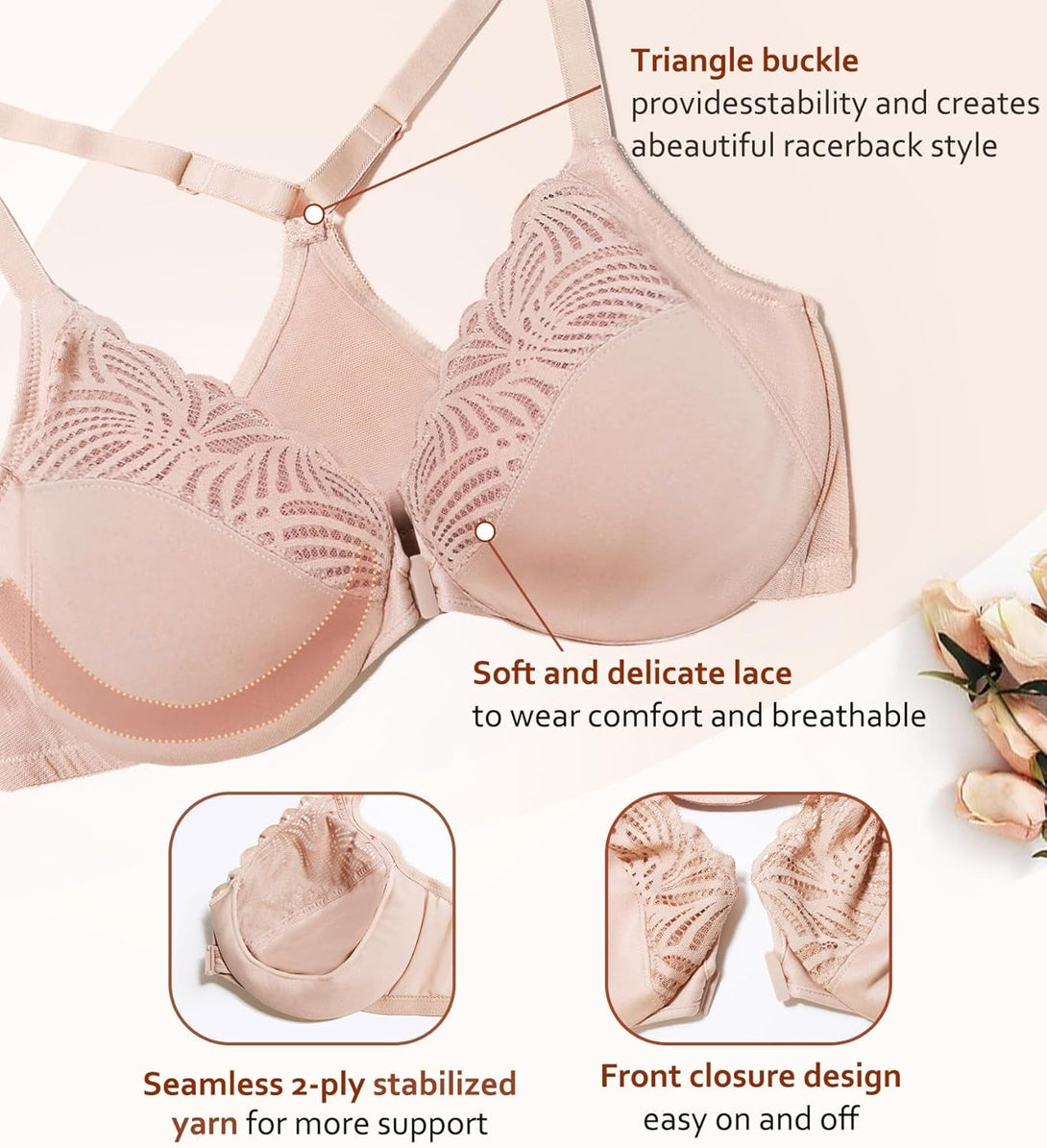 Dotvol Women'S Front Close Bra T Back Full Figure Underwire plus Size Seamless Unlined Bra for Large Bust