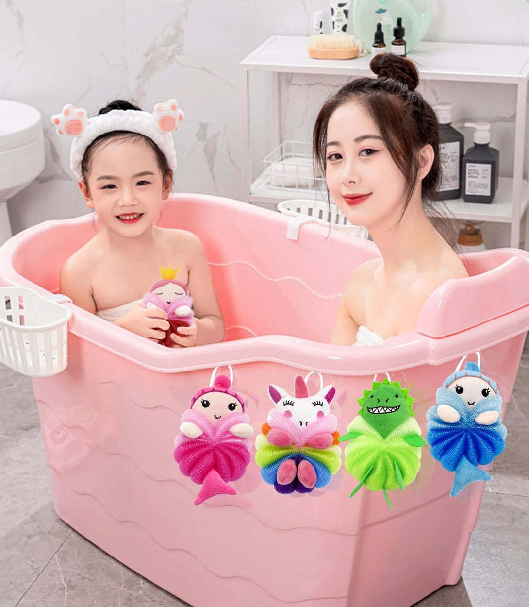 MURRI&MURRDI 4 Pcs Bath Loofah for Kids Bath Sponge, Lovely Animal Body Scrubber Kids Toddler Body Loofah Cute Cartoon Kids Bath Pouf Mesh Loofah Sponge for Children Shower 55G (4 Cartoon B)