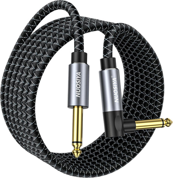 1/4 Inch TS Guitar Instrument Cable 10Ft Right Angle to Straight 6.35Mm Guitar Bass AMP Cord Braided,For Electric Guitar, Bass AMP, Keyboard, Mixer with 2 Covers (Braided Black White, 10FT)